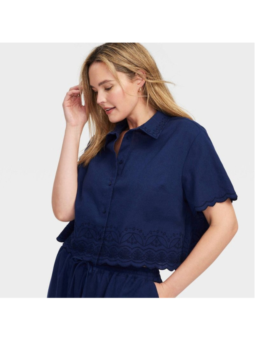 Roller Rabbit x Target Linen Blend Coastal Navy Embroidered Scallop Top Small